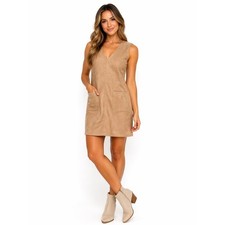 Max Studio Faux Suede Shift Dress Tan Sleeveless Pocket Mini L Minimalist Chíc