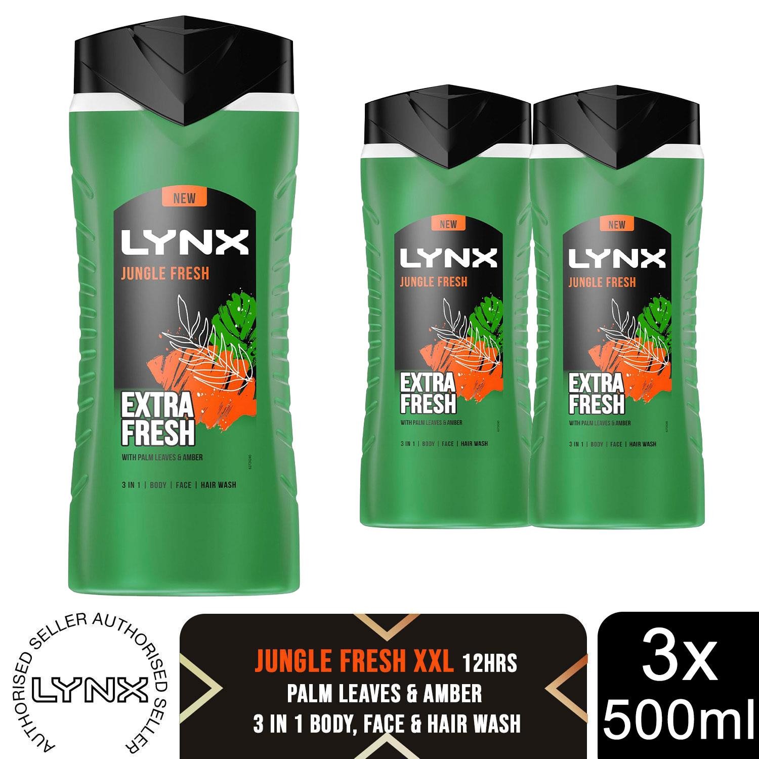 Lynx Jungle Fresh Mens Shower Gel 500ml 3 Pk 12H Fresh 3in1 Face Hair Body Wash