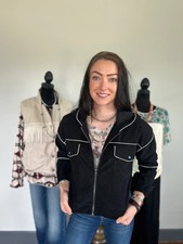 Dakota Woman  s Black Corduroy Crop Jacket Turquoise Snap Pockets Size XS
