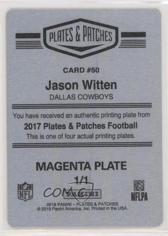 2017 Panini Plates & Patches Printing Plate Magenta 1/1 Jason Witten #50 - Image 2 of 2