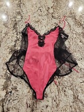 Victoria Secret Satin Thong Teddy Bodysuit Pink and Black Medium
