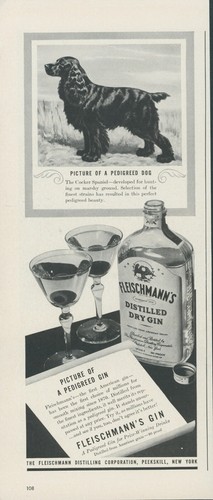 1941 Fleischmann's Gin Cocker Spaniel Dog Pedigreed Dry Vintage Print Ad L4