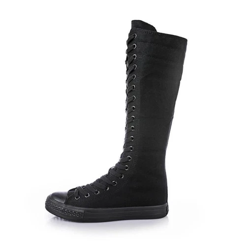 Women's flat bottomed lace up canvas knee high sports shoes boots punk gothic - Picture 4 of 18
