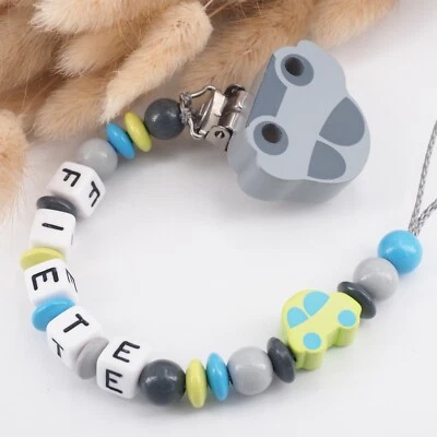 MOTZISBUNTEWELT Schnullerkette mit Namen ★ AUTO ★ Junge Nuckel grau lemon Babygeschenk Geburt