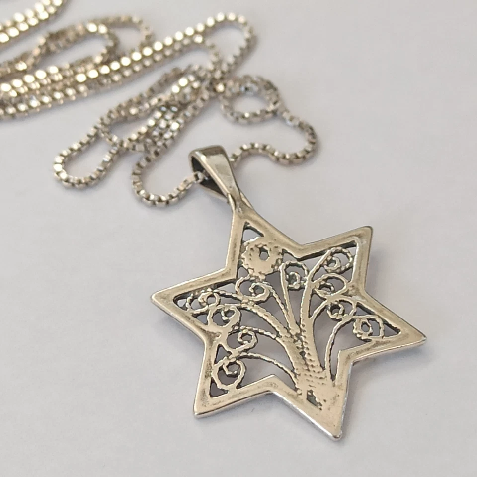 Colar Star of David Tree of Life filigrana prata esterlina 925 presente delicado 17" - Imagem 2 de 4