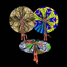 African Kente Cloth Hand Fans Set of 3 Foldable Tribal Art Collectible Deco-7665
