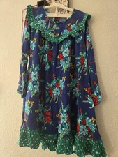 Matilda Jane Merry & Bright Girls Dress Size 8 Blue Floral Green Ruffle Christma