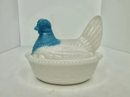HTF Vintage Westmoreland milk glass hen on a nest W/blue Slag Glass Head 2pcs