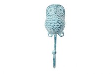 Pack Of 2 Rustic Dark Blue Whitewashed Cast Iron Decorative Owl Hook 6""