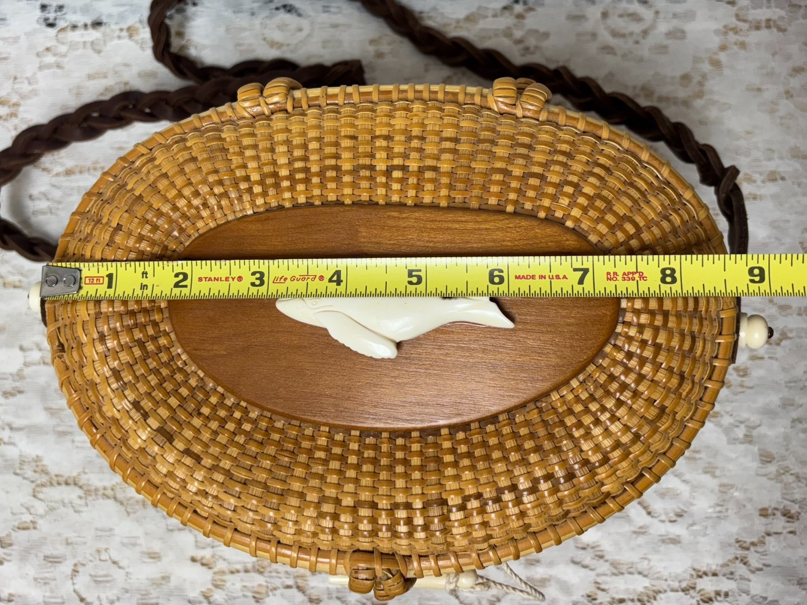 VTG Signed Kai O'Connell  1999 Nantucket Basket Purse w/Whale, Leather Strap