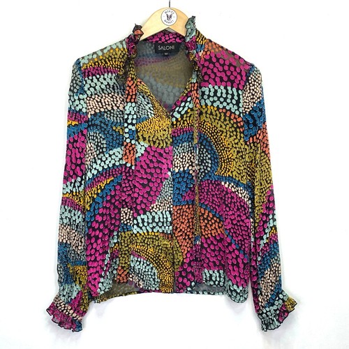 Saloni Polka Dot Devore Satin Blouse Sz 6 Multicolor Sheer Ruffle Cuff Whimsical - Picture 3 of 13