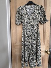 Tu Women’s Black And Multi Floral Print Shirred Summer Midi Dress, Size 10