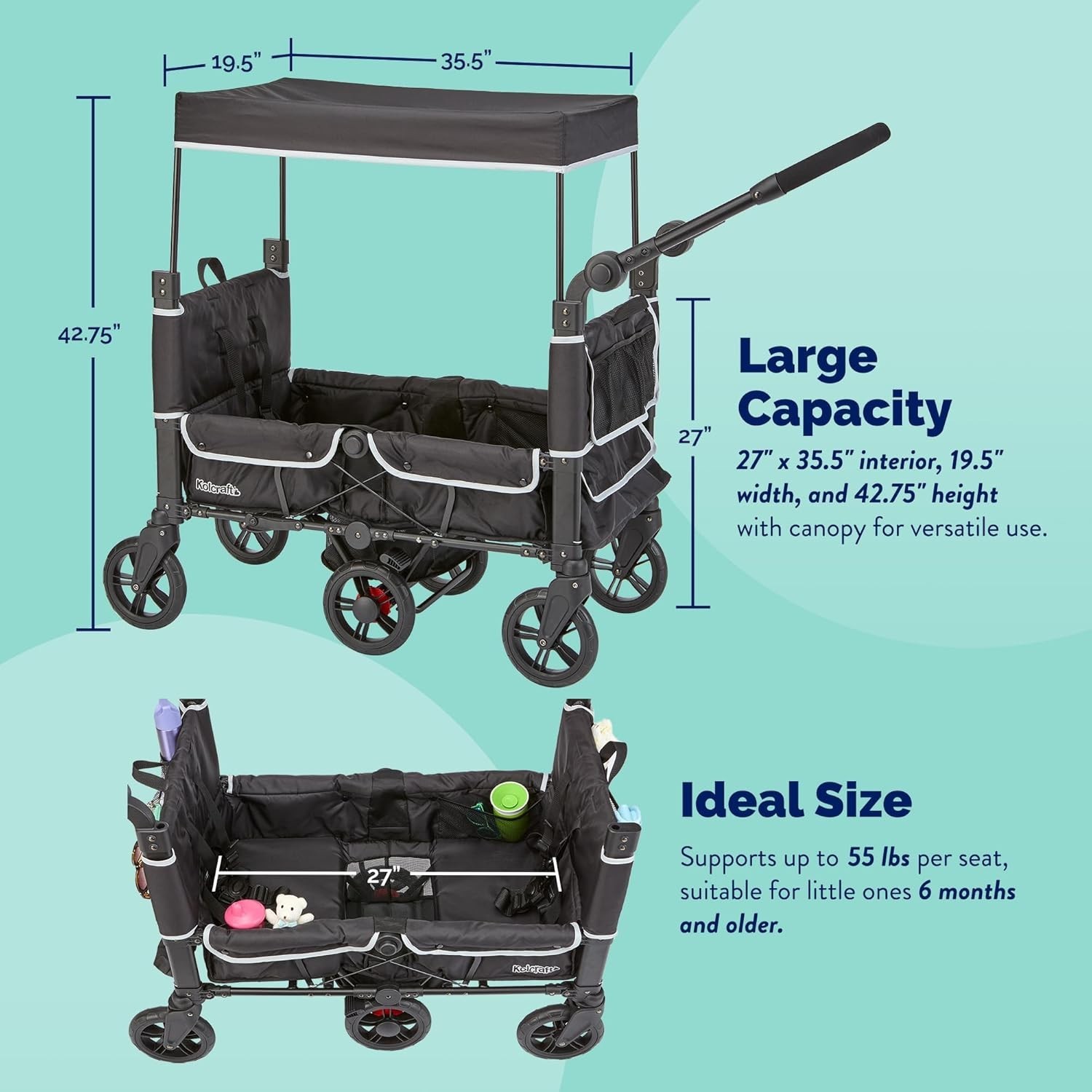 Kolcraft Cloud 360 Lightweight Double Baby Stroller Wagon for 2 Kids