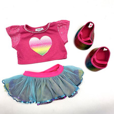 Build a Bear Pink Rainbow Sequin Heart Top Tulle Tutu Skirt Shoes Teddy Set READ