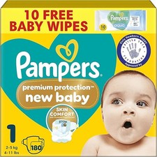 Pampers Premium Protection New Baby Size 1, 180 Nappies, 2kg-5kg, Monthly Pack, 0.20 per nappy