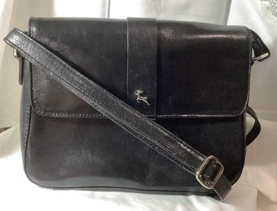 Ashwood Leather Black Crossbody Bag Flap Over Adjustable Strap Stag Logo 