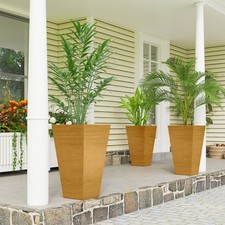 Set of 3 Tall Outdoor Planters w/ Drainage Holes Light Brown