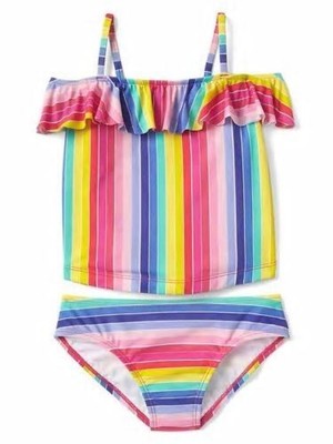 Baby Gap Rainbow Stripe Ruffle Two Piece Swim Suit NWT SZ MEDIUM 8T/8 BIKINI