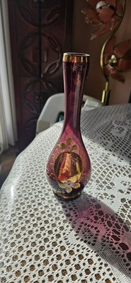 Vintage Amethyst Glass Bud Vase Hand Painted Flowers Gilded Gold Trim on Rim