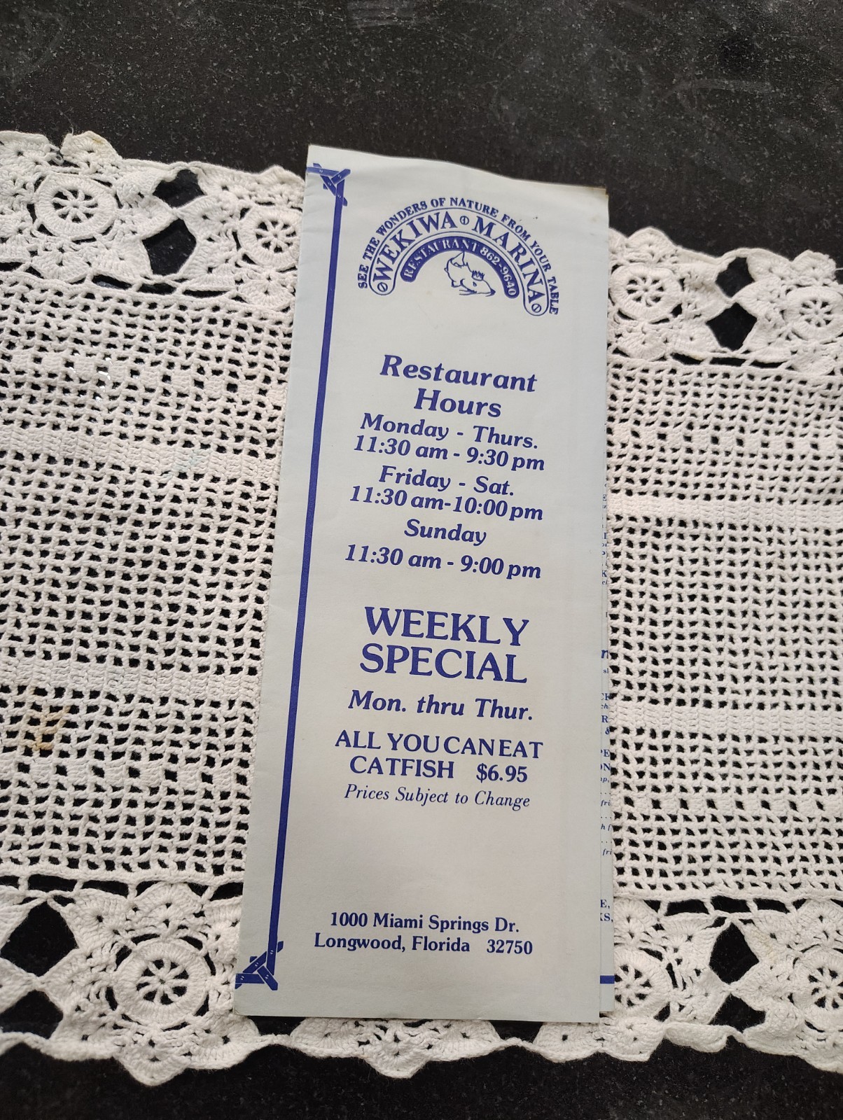 Wekiwa Marina Restaurant Longwood fl vintage menu