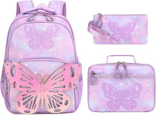 Kids Backpack for Girls, 3Pcs Butterfly Wings School Backpacks Lunch Box Pencil