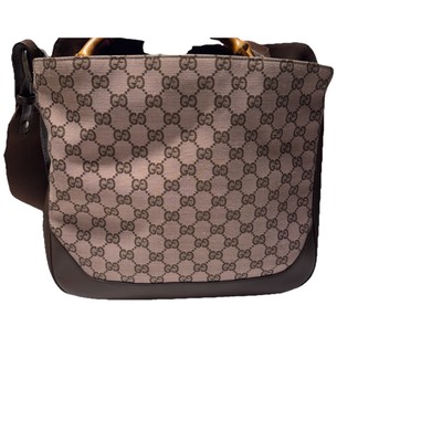 Gucci Taupe Pink GG Supreme Canvas Brown Leather Trimmed Bamboo Top