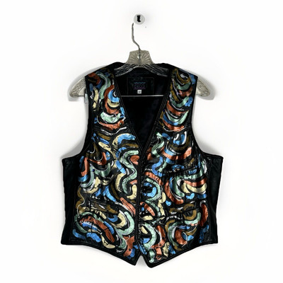 Vintage 80s 90s Size M Custom Hand Painted Sport Deco Leather Vest Blue Black #K