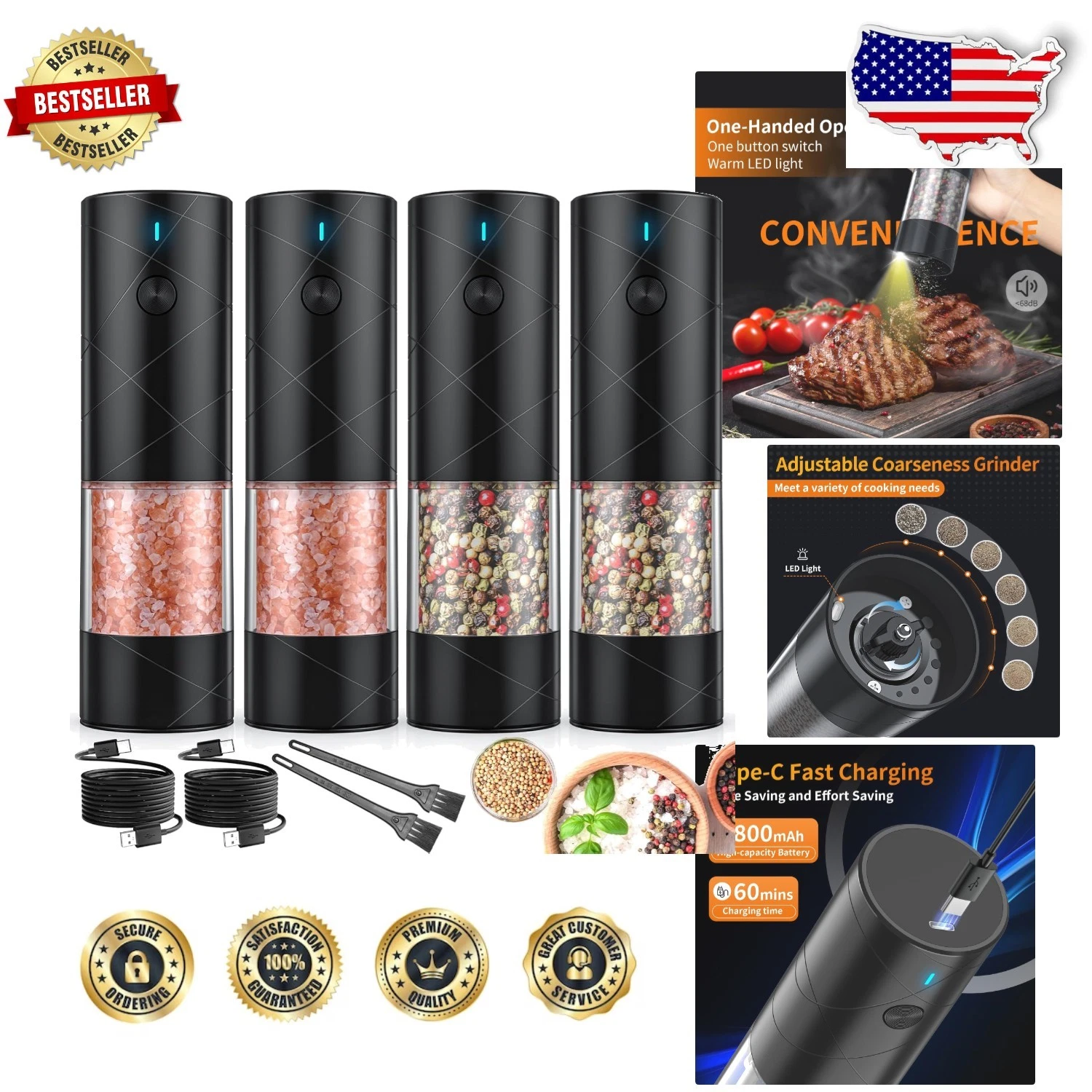 Electric Salt Pepper Grinders 4pc USB Rechargeable Ceramic Mill