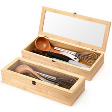 2 Pieces Bamboo Drawer Organizer with Clear Lid Stackable Utensil Organizer K...