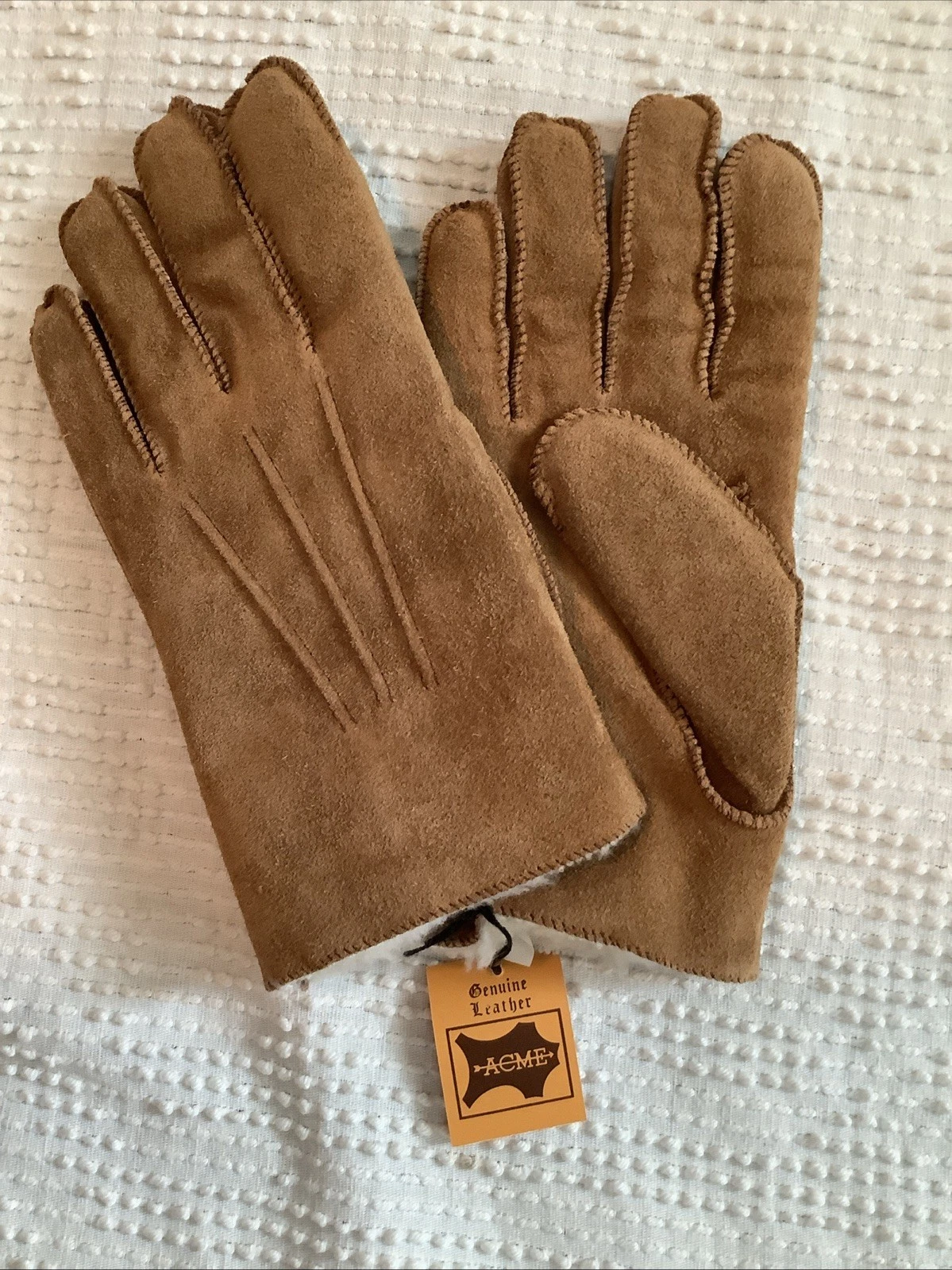 Vintage Acme Mens Gloves 3 Point Chestnut Tan Suede Leather LARGE NEW In Box