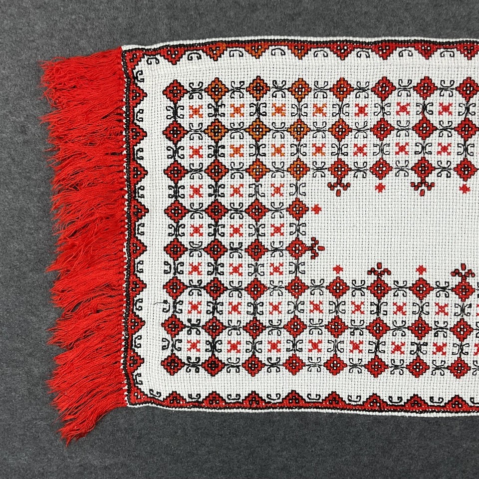 Vintage Table Runner Hand Embroidered White Red Christmas Table