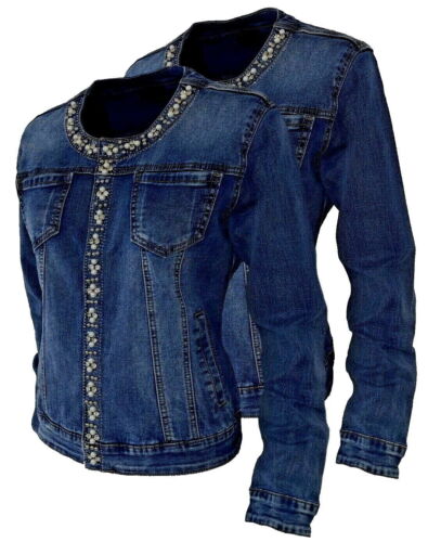 Giacca jeans donna taglie grandi giubbotto over nuovo giacchetto giubbino strass - Afbeelding 1 van 9
