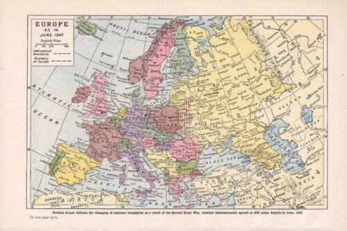 1947 MAP ~ EUROPE ~ BOUNDARIES FRANCE BRITISH ISLES POLAND GERMANY DENMARK etc - Afbeelding 1 van 1