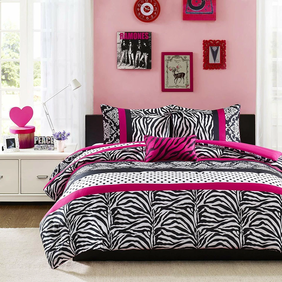 JUEGO EDREDÓN Y ALMOHADA MODERNO CHIC NIÑAS ROSA VERDE AZULADO NEGRO CEBRA RAYAS PUNTOS Foto 4 de 4