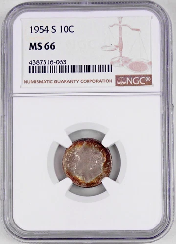 1954-S Roosevelt Silver Dime 10C NGC MS66 Toned