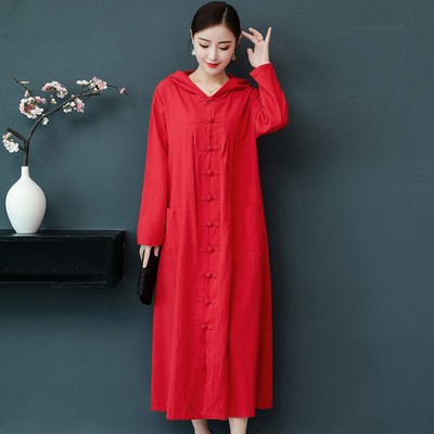 Womens Long Red Coat Button Gown Robe 