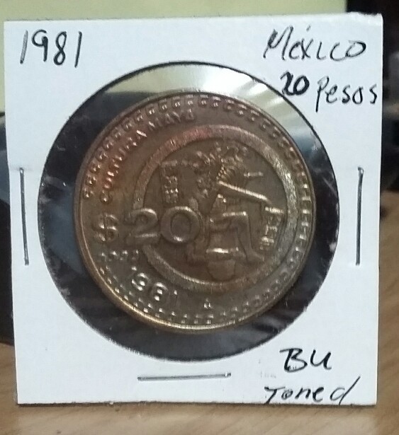 Very Nice BU 1981 rare toned color Mexico Veinte Pesos Look & bid or buy it now!