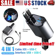 Retractable Car Charger 4 in 1 Fast Car Phone Charger 120W With USB Type C Cable