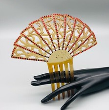 Antique Celluloid Ladies Large Hair Comb Fan Shaped Lacy Red Rhinestones