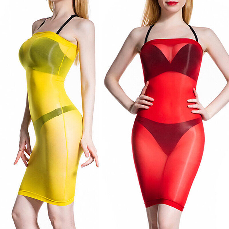 New Women's Strapless Bandage Bodycon Tube Dress See-through Shiny Glossy Mini D image 4