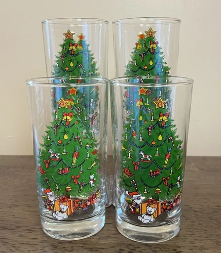 Set of 4 Vintage Anchor Hocking Holiday Magic 12 oz Glassware Tumblers 5 1/2"