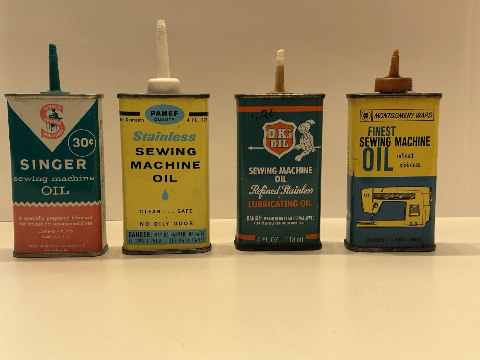 Vintage Lot of 4 Sewing Machine Oiler Tins - Singer Panef O.k’s Montgomery Ward