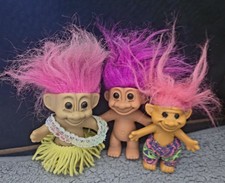 Vtg Russ Troll 3 Lot Dolls. Surf Pants Troll, Nude W-Pink Hair, Hawaiian Hulu