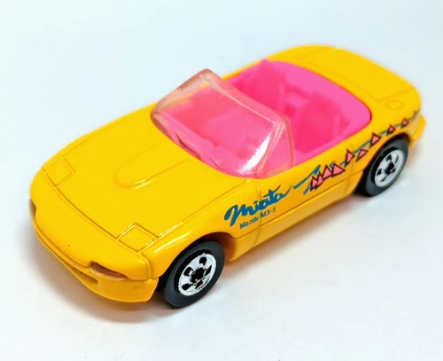 VTG 1990 Hot Wheels Mazda Miata MX-5 Diecast Convertible Car Yellow Neon Pink