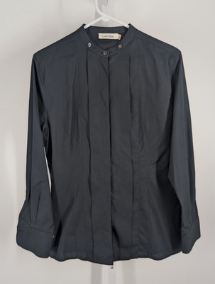 Calvin Klein Collection Black Tuxedo Mandarin Neck Pleated Bib Shirt Sz 8 Italy