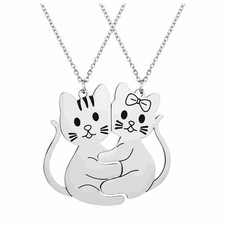 Matching Stainless Steel Cat Couple Necklaces Set of 2 Chains