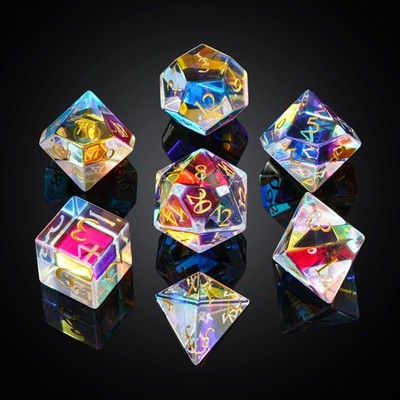 Prism Glass RPG Dice Set 7PCS Rainbow Glass DND Dice Set with Gift Box for D&...