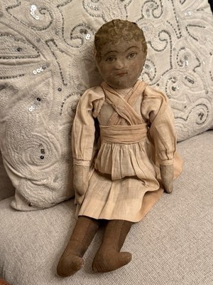 Antique Folk Art Cloth Rag Doll Printed Face Painted? Hair 13.5  Primitive