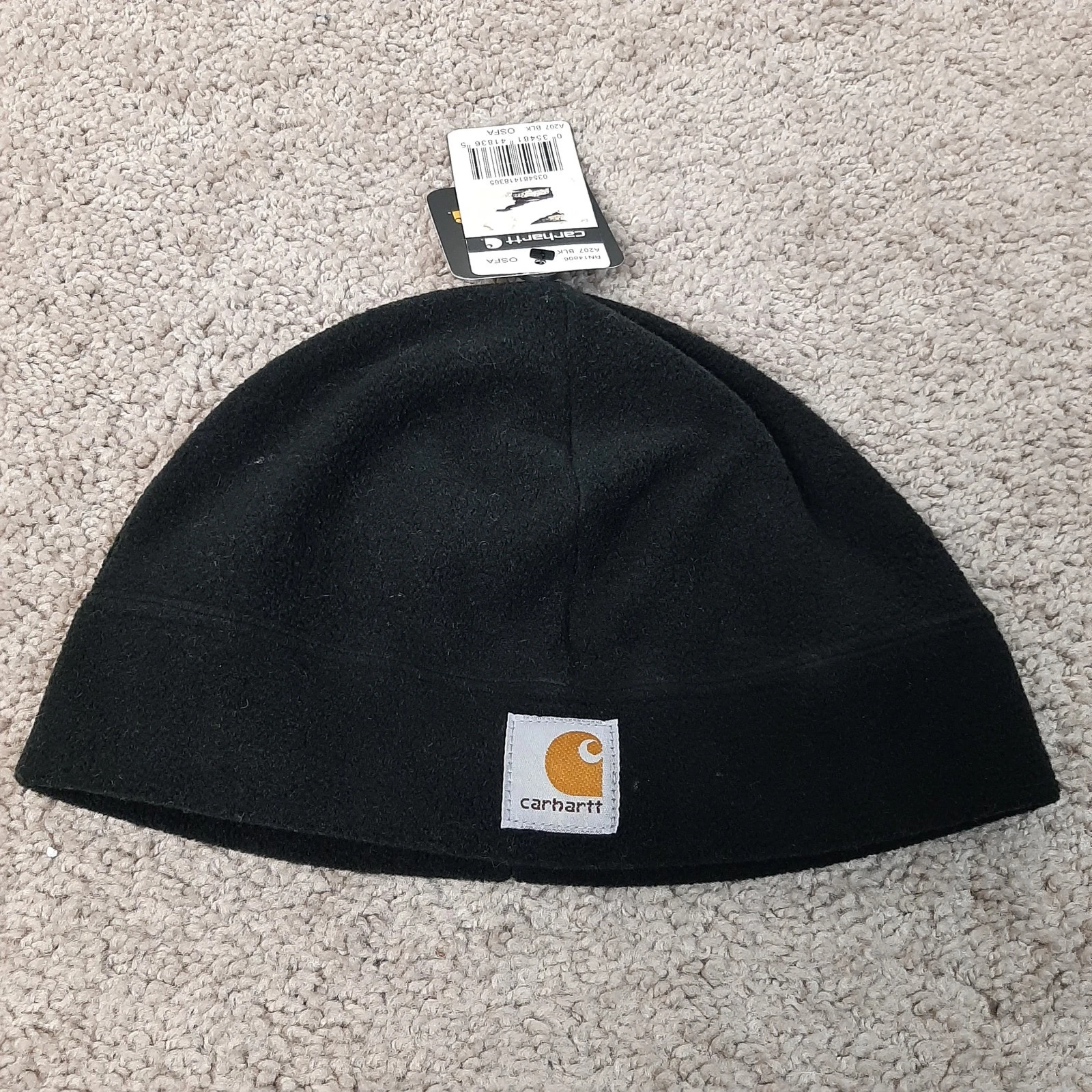 Carhartt A207 Fleece Beanie Hat Black OSFA Logo Patch Winter Workwear Skull Cap