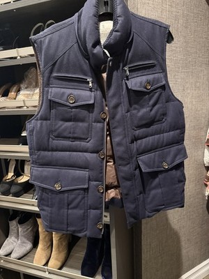Brunello Cucinelli Vest Wool Goose Down Navy Blue Brown Medium